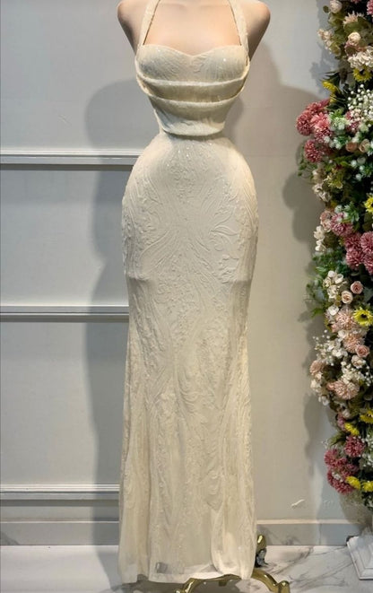 Elegant Apricot Long Prom Dresses Halter Sheath Sleeveless Evening Gowns Chiffon Formal Dresses ED05272