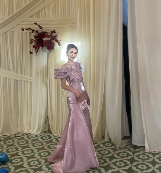 Glam Mermaid Dusty Pink Long Prom Dresses Satin Dusty Pink Wedding Guest Dresses ED05276