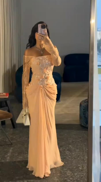 Glam Sheath Orange Long Prom Dresses Off-shoulder Chiffon  Orange Wedding Guest Dresses ED05278