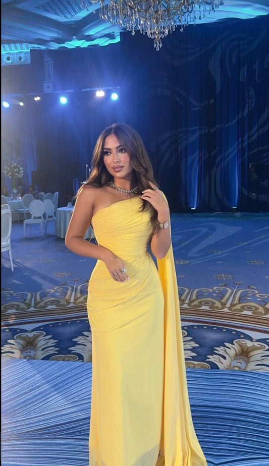 Chic Sheath Yellow Long Prom Dresses One-shoulder Chiffon Yellow Wedding Guest Dresses Sleeveless Formal Dresses ED05279