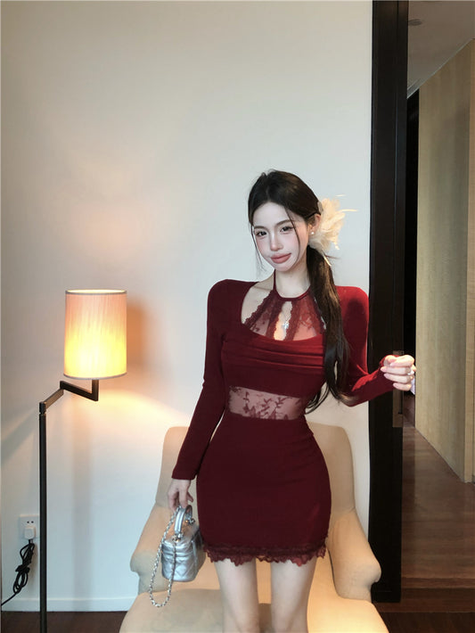 Sexy Spitzennähte Slim Fit Langarm Neckholder Strickkleid ED0527