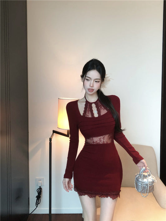 Sexy Spitzennähte Slim Fit Langarm Neckholder Strickkleid ED0527