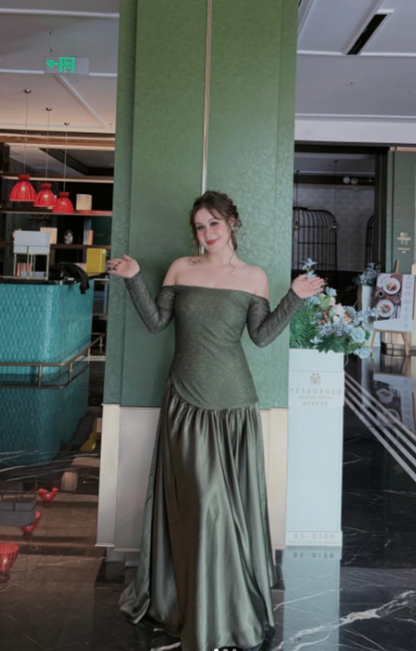 Chic Sheath Dark Green Long Prom Dresses Off-shoulder Satin Dark Green Wedding Guest Dresses Sleeveless Formal Dresses ED05280