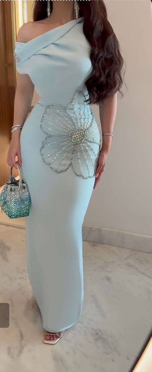 Elegant Bodycon Pale Blue Long Prom Dresses One-shoulder Chiffon Pale Blue Formal Dresses ED05284