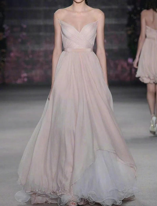 Chic Sheath Long Prom Dresses Spaghetti Straps Chiffon Sleevelesss Formal Dresses ED05287