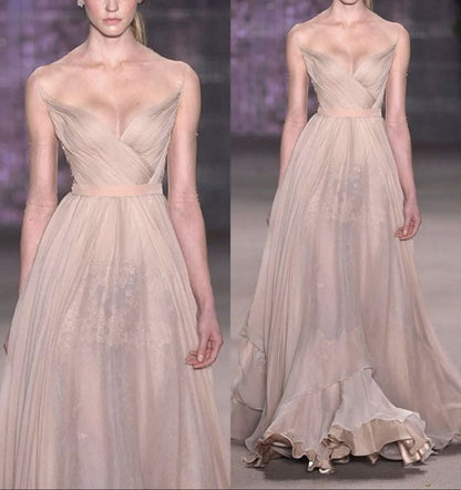 Chic Sheath Long Prom Dresses Spaghetti Straps Chiffon Sleevelesss Formal Dresses ED05287