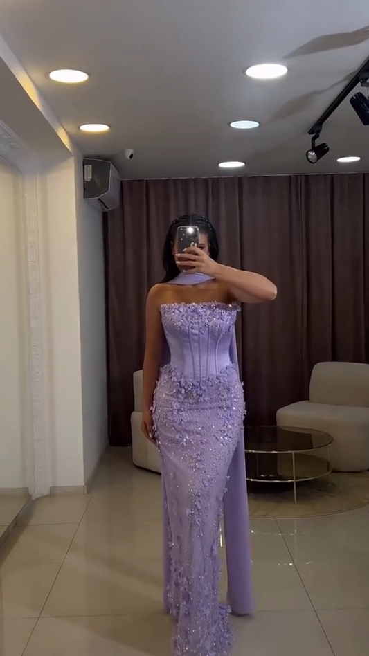 Chic Sheath Purple Long Prom Dresses Strapless Tulle Appliques Sleevelesss Formal Dresses ED05289