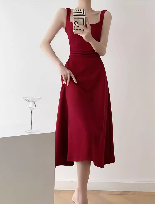 Rotes A-Linien-Strapskleid im französischen Hepburn-Stil ED0528