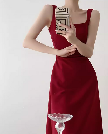 Rotes A-Linien-Strapskleid im französischen Hepburn-Stil ED0528