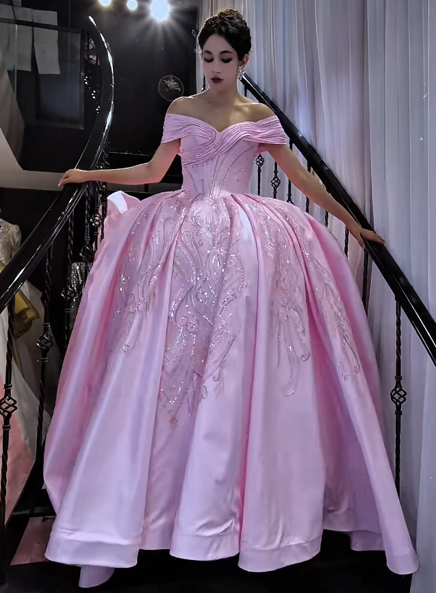 Gorgeous Off-shoulder Long Prom Dresses Sequins Satin Pink Quinceanera Dresses Sweet 16 Dresses  ED05291