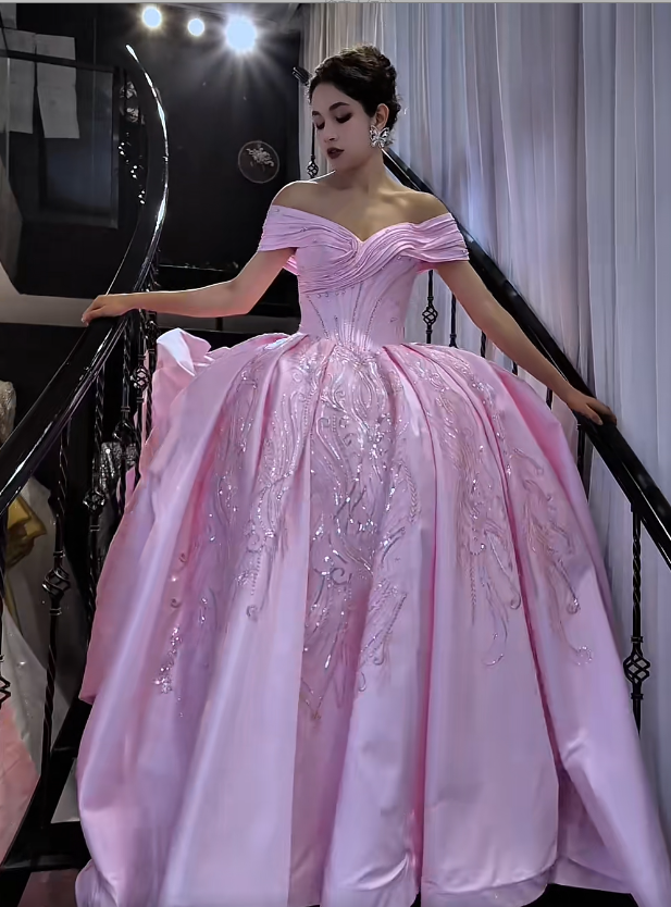 Gorgeous Off-shoulder Long Prom Dresses Sequins Satin Pink Quinceanera Dresses Sweet 16 Dresses  ED05291