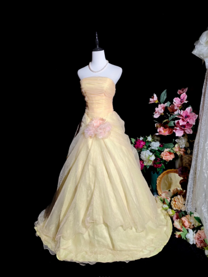 Gorgeous Strapless Long Prom Dresses Tulle Yellow Quinceanera Dresses Sweet 16 Dresses  ED05292