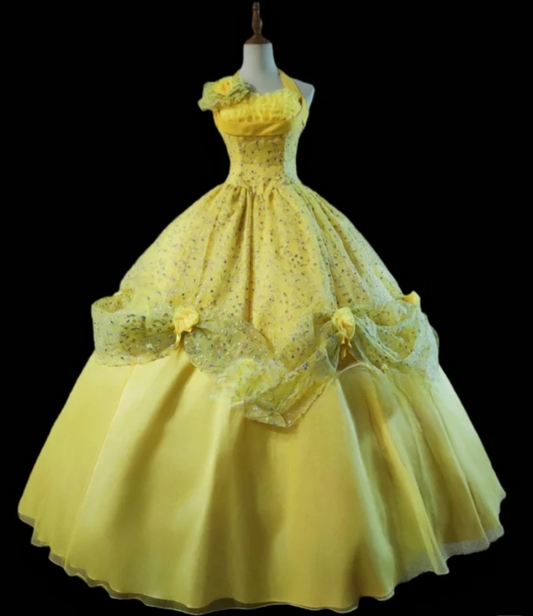 Gorgeous Halter Long Prom Dresses Tulle Satin Yellow Quinceanera Dresses Sweet 16 Dresses  ED05293