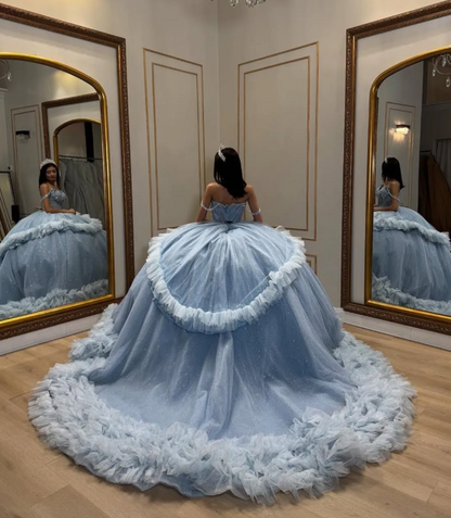 Gorgeous  Ball Gown Off-shoulder Long Prom Dresses Tulle Blue Quinceanera Dresses Sweet 16 Dresses  ED05294