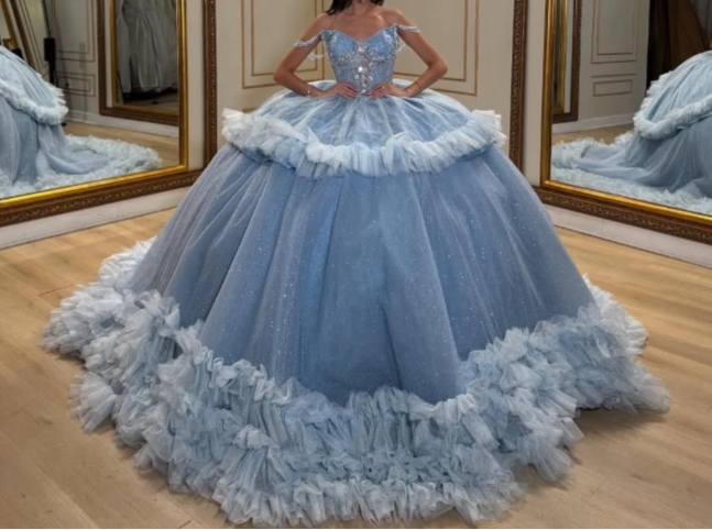 Gorgeous  Ball Gown Off-shoulder Long Prom Dresses Tulle Blue Quinceanera Dresses Sweet 16 Dresses  ED05294
