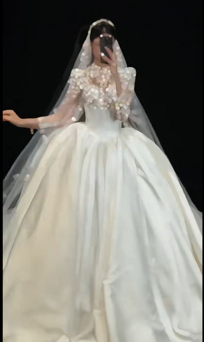 Timeless Ball Gown Long Wedding Dresses, Satin White Bridal Gowns, Rhinestone Long-Sleeved Bridal Dresses ED05296