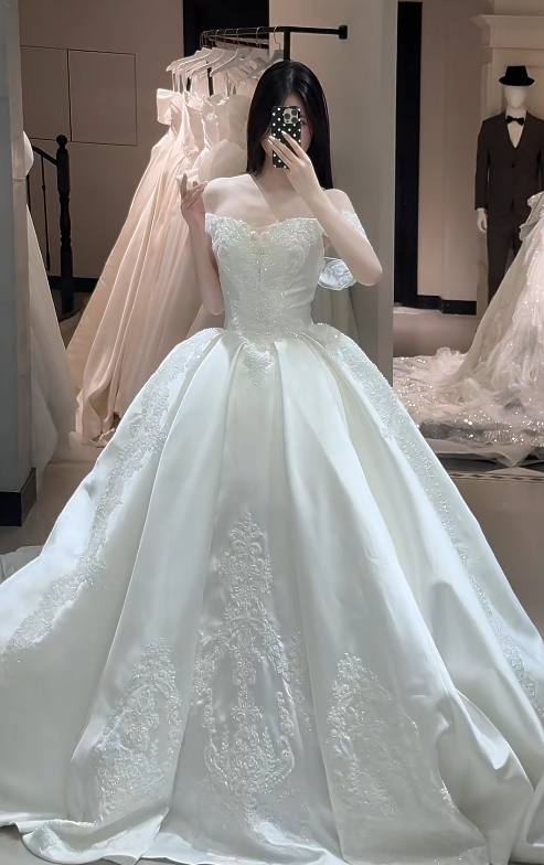 Timeless Ball Gown Off-shoulder Long Wedding Dresses, Satin Appliques White Bridal Gowns, Short Sleeves Bridal Dresses ED05298