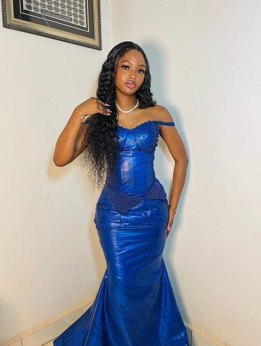 Chic Mermaid Royal Blue Long Prom Dresses Off-shoulder Satin Formal Dresses ED05304