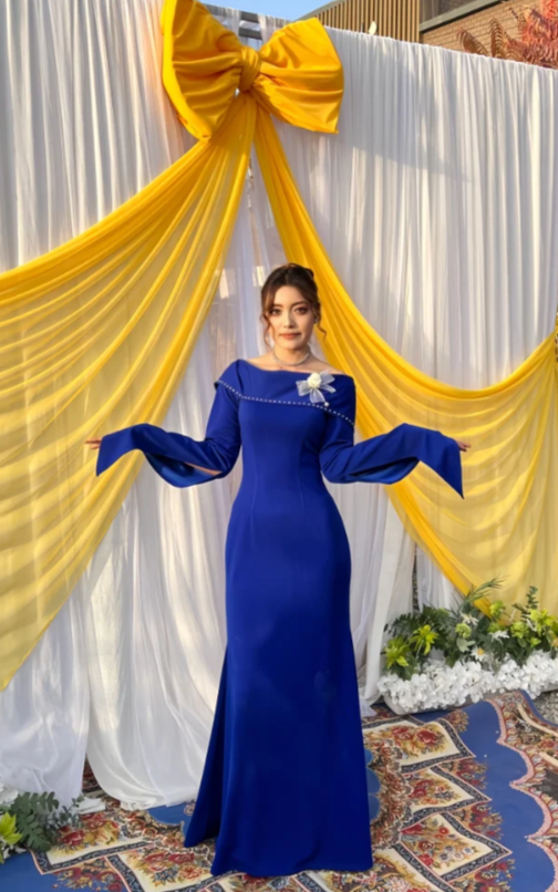 Glam Bateau Sheath Royal Blue Long Prom Dresses Long Sleeves Royal Blue Wedding Guest Dresses ED05307