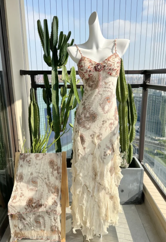 Glam Sheath Long Prom Dresses Spaghetti Sraps Beaded Evening Gowns Chiffon Sleeveless Formal Dresses ED05308