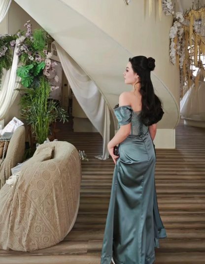 Glam Sheath Dark Green Long Prom Dresses Off-shoulder Satin Dark Green Evening Dresses ED05311