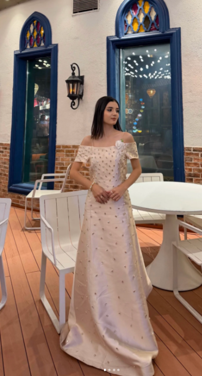 Glam A-Line Long Prom Dresses Off-shoulder Satin Champagne Wedding Guest Dresses ED05312