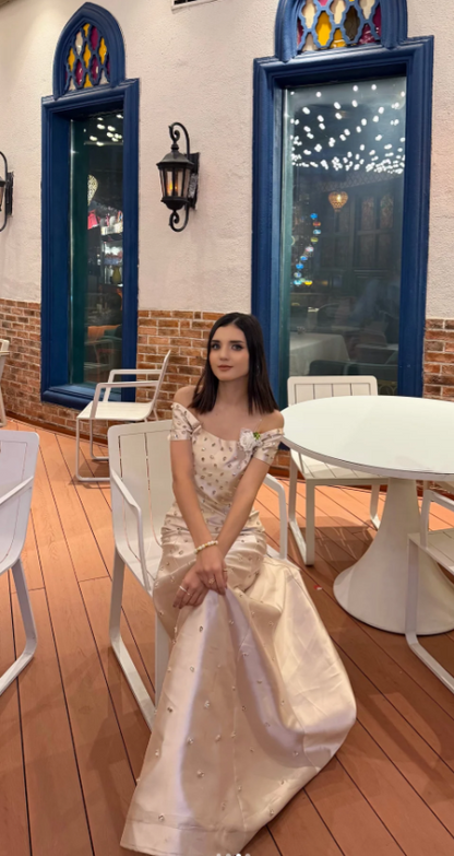 Glam A-Line Long Prom Dresses Off-shoulder Satin Champagne Wedding Guest Dresses ED05312