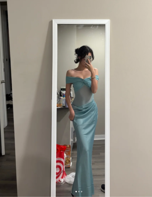 Glam Sheath Blue Long Prom Dresses Off-shoulder Satin Blue Birthday Dresses ED05313