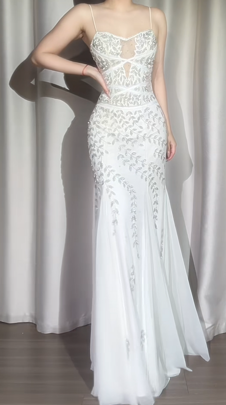 Glam Mermaid White Long Prom Dresses Spaghetti Straps Chiffon White Birthday Dresses ED05314