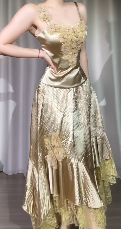 Glam Two-Piece Gold Long Prom Dresses Spaghetti Straps Satin Lace Gold Birthday Dresses ED05315