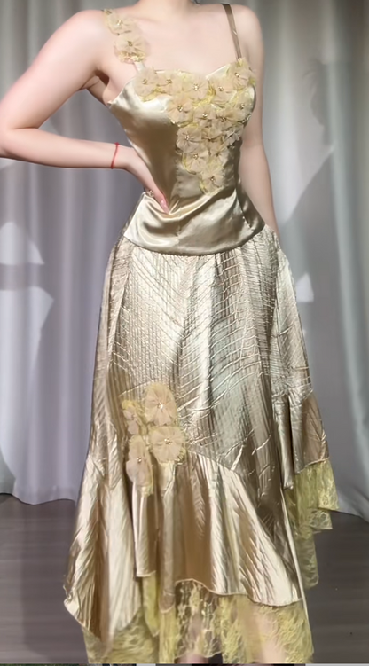 Glam Two-Piece Gold Long Prom Dresses Spaghetti Straps Satin Lace Gold Birthday Dresses ED05315