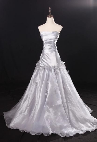 Fairy A-Line Light Grey Long Prom Dresses Strapless Satin Tulle Light Grey Birthday Dresses ED05317