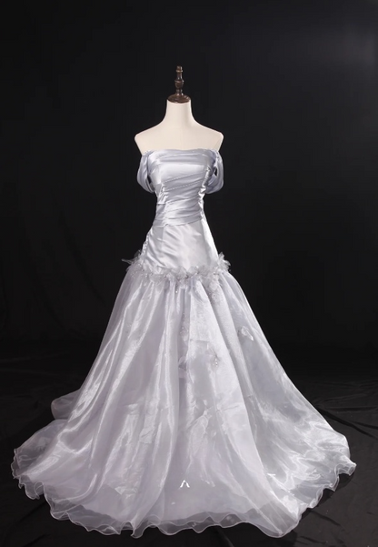 Fairy A-Line Light Grey Long Prom Dresses Strapless Satin Tulle Light Grey Birthday Dresses ED05317