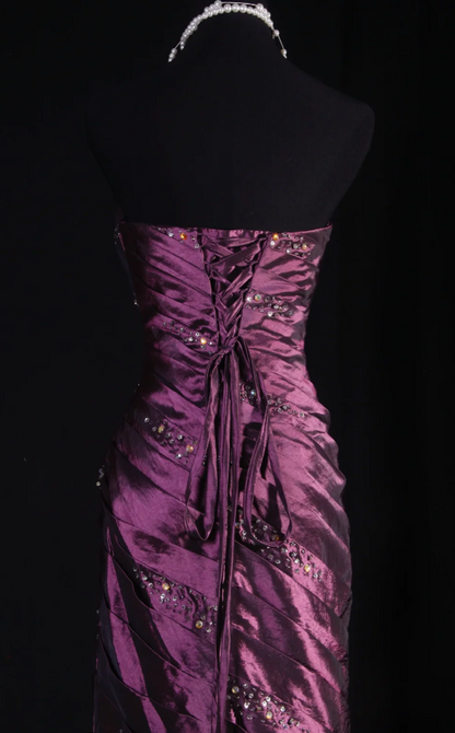 Fairy Mermaid Grape Long Prom Dresses Strapless Satin Beaded Grape Birthday Dresses Sleeveless Formal Dresses ED05319