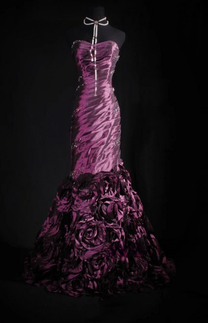 Fairy Mermaid Grape Long Prom Dresses Strapless Satin Beaded Grape Birthday Dresses Sleeveless Formal Dresses ED05319