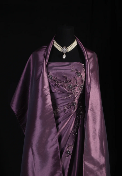 Elegant A-Line Grape Long Prom Dresses Strapless Satin Beaded Grape Birthday Dresses Sleeveless Formal Dresses ED05323