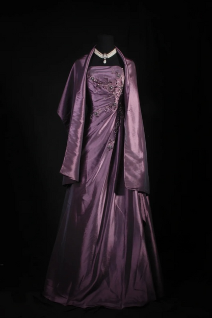 Elegant A-Line Grape Long Prom Dresses Strapless Satin Beaded Grape Birthday Dresses Sleeveless Formal Dresses ED05323