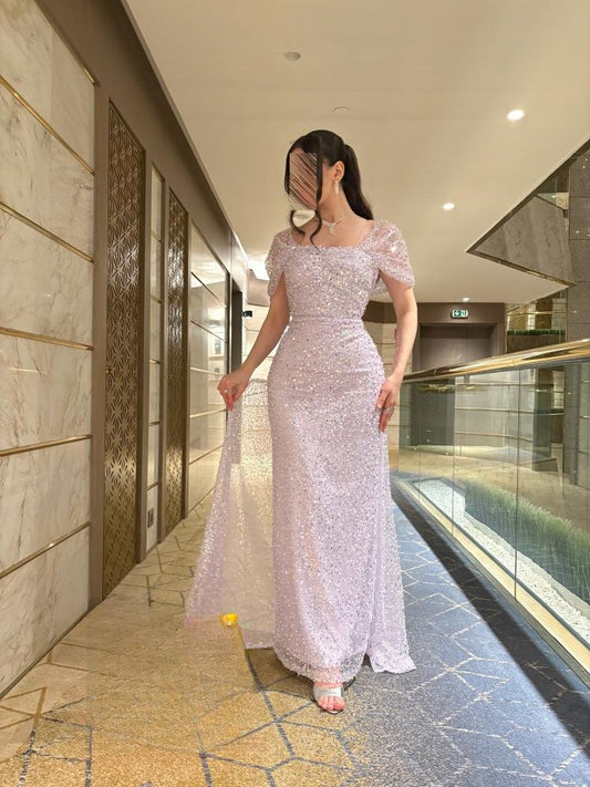 Elegant Sheath Pink Long Prom Dresses Tulle Sequins Birthday Dresses Short Sleeves Formal Dresses ED05325