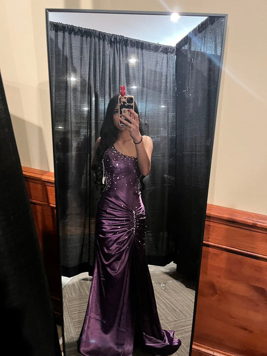 Sexy One-shoulder Sheath Long Prom Dresses，Satin Beaded Dark Purple Evening Dresses ED05328