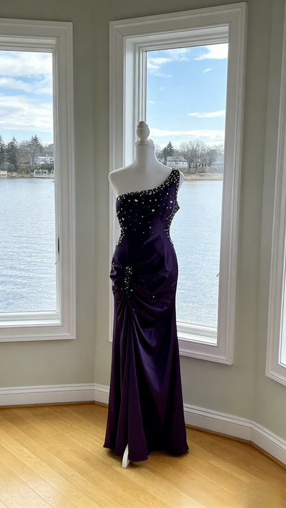 Sexy One-shoulder Sheath Long Prom Dresses，Satin Beaded Dark Purple Evening Dresses ED05328