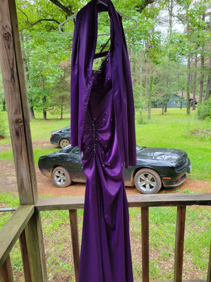 Sexy One-shoulder Sheath Long Prom Dresses，Satin Beaded Dark Purple Evening Dresses ED05328