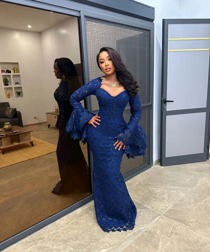 Sexy Sweetheart Sheath Long Prom Dresses, Lace Appliques Navy Blue Evening Dresses ED05330