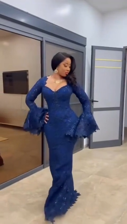 Sexy Sweetheart Sheath Long Prom Dresses, Lace Appliques Navy Blue Evening Dresses ED05330