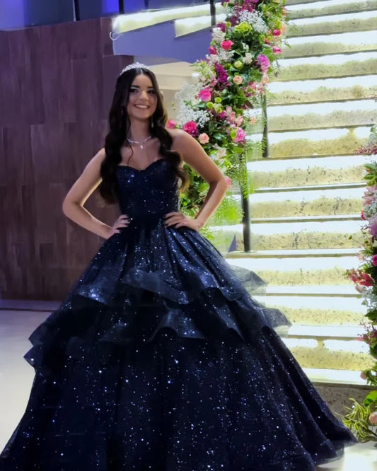 Glitter Sweetheart A-Line Long Prom Dresses,Tulle Navy Blue Birthday Dresses ED05332