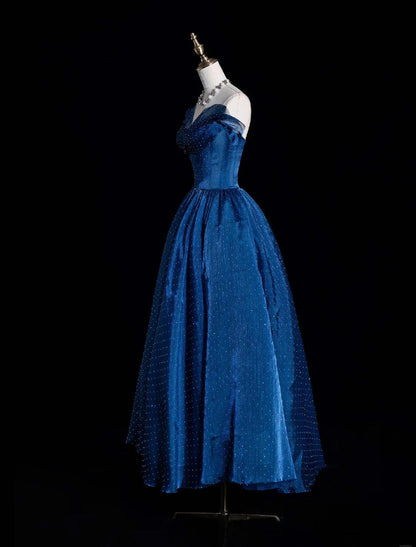 Glitter Strapless A-Line Long Prom Dresses,Satin Beaded Blue Birthday Dresses ED05333