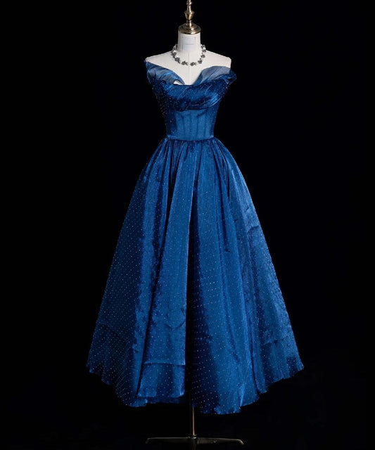 Glitter Strapless A-Line Long Prom Dresses,Satin Beaded Blue Birthday Dresses ED05333