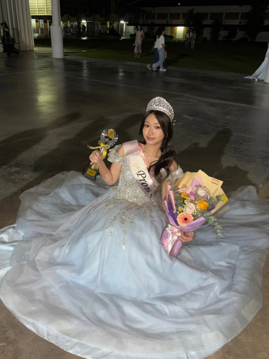 Simple A-Line Long Prom Dresses Off-shoulder Evening Dresses ,Tulle Birthday Dresses ED05335