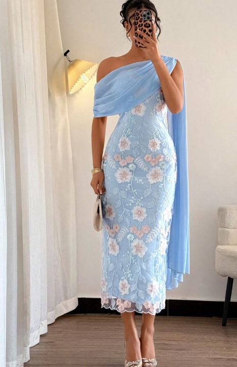 Elegant One-shoulder Sheath Evening Dresses Chiffon Appliques Wedding Guest Dresses Blue Formal Dresses ED05336