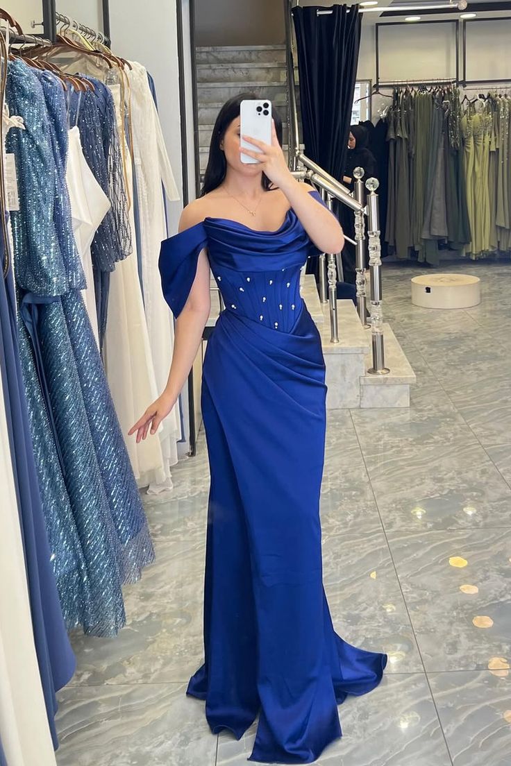 Elegant Sheath Long Prom Dresses Off-shoulder Royal Blue Evening Dresses Satin Royal Blue Formal Dresses ED05337