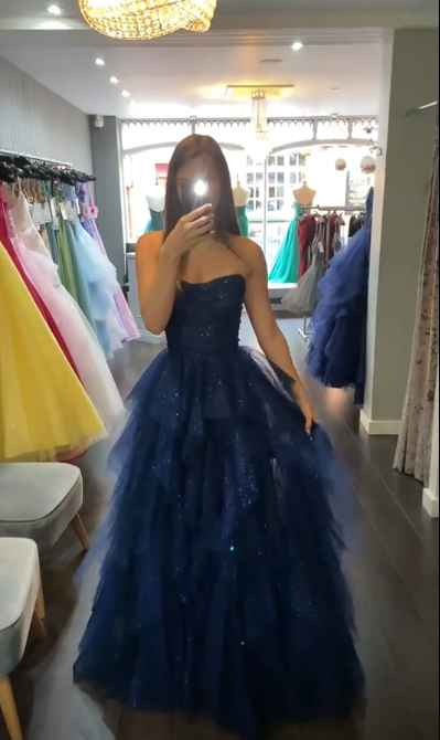 Fairy  A-Line Long Prom Dresses Strapless Navy Blue Birthday Dresses Tulle Navy Blue Sweet 16 Dresses ED05339